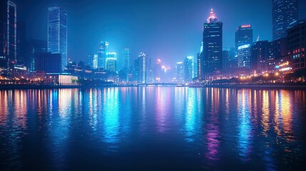Fototapeta premium Soft Cool Light Reflection of City Skyline at Night