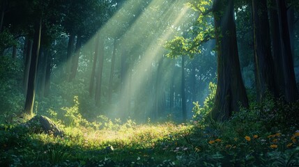 Fototapeta premium Soft Sunlight Beams Streaming Through Tall Trees in a Forest