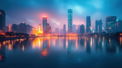 Fototapeta premium Soft Cool Light Reflections on City Skyline at Dusk