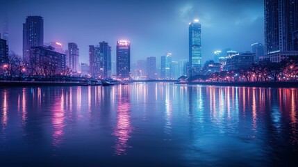 Fototapeta premium Soft and Cool Light Reflection on City Skyline at Night