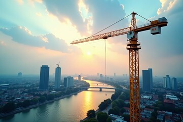 Tower crane working on high rise construction site with scenic river view, engineering, machinery, construction