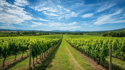 Expansive Vineyard Under a Brilliant Blue Sky in Scenic Landscape