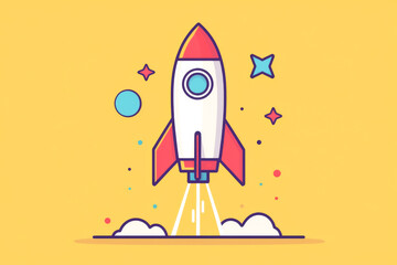 Fototapeta premium A colorful rocket launching into space with stars and planets in the background.