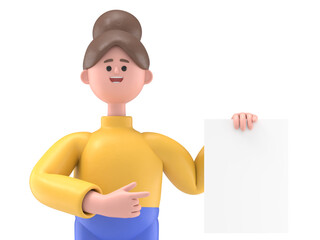 3D illustration of Asian woman Angela stands with white blank board.Transparent Background Mockup.Supports PNG files with transparent backgrounds.