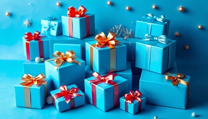 Varied sized blue gift boxes, festive arrangement on a blue background, backdrop, ribbon