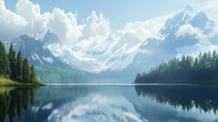 Naklejka premium Tranquil Alpine Lake with Still Waters Reflecting Mountain Landscape
