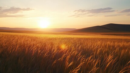 Serene Vast Prairie with Wild Grasses Blowing in the Wind at Sunset