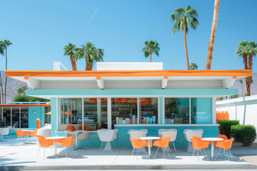 Fototapeta premium 70’s vibe Cafe exterior and interior on the side of the road in California.