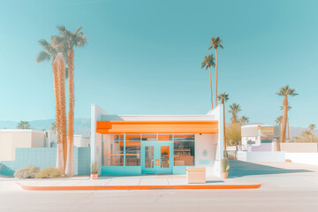 Fototapeta premium 70’s vibe Cafe exterior and interior on the side of the road in California.
