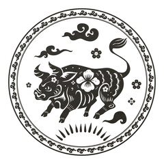 Chinese ox animal badge png black new year design element