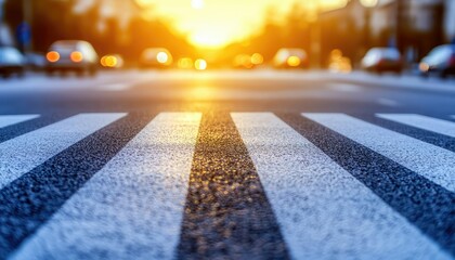A close-up view of a pedestrian crosswalk at sunset, with blurred vehicles in the background creating a warm, urban atmosphere.