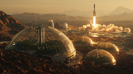 Space Exploration: Martian Landscape with Rocket Launch and Futuristic Space Habitats for Sustainable Colonization
