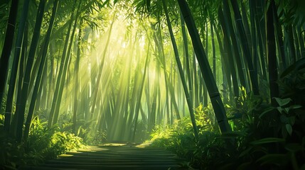 Sunlight Filtering Through Bamboo Forest Creating a Serene Atmosphere