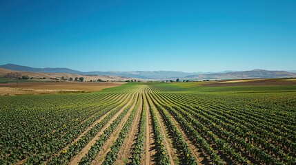 Bright Sunflower Fields Under Clear Blue Sky in Vibrant Landscape