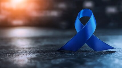 Blue ribbon standing on reflective surface. Symbol of hope and awareness for colorectal cancer prevention. Encouraging screenings and education. Colorectal Cancer Awareness Month with text space