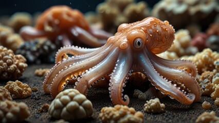 Two small octopuses among coral