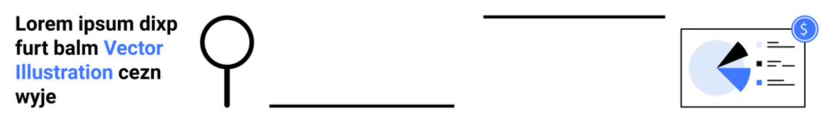 Magnifying glass connected to a line pointing towards a financial chart with pie graph and dollar icon. Ideal for analysis, finance, research, data insights, technology, learning, simple landing page