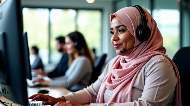 Smiling female muslim customer support agent wearing wireless headset talking on computer call with her microphone, assisting client and helping with complaints in call center office with colleagues
