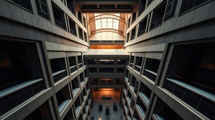 Fototapeta premium Unique design of a city building featuring multiple levels and a prominent skylight beautifully illuminated by natural light during the evening hours