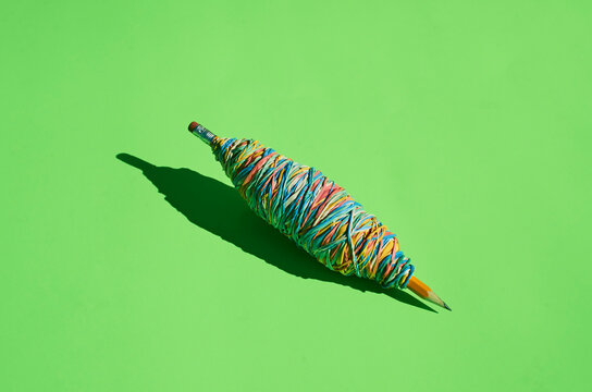 pencil, office, efficiency,productivity, procrastination, rubber bands, green.