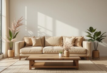Fototapeta premium Cozy living room design modern apartment interior photography bright space natural light relaxation concept