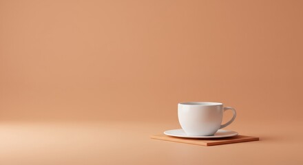 Obraz premium Minimalist white coffee cup on saucer, isolated with elegant warm beige background for cafe and home decor inspiration.