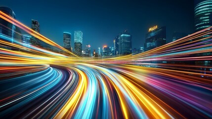Obraz premium flowing light trails through urban cityscape, abstract data streams, dynamic energy waves, geometric architectural forms, neon gradient atmosphere, futuristic metropolitan aesthetic, volumetric