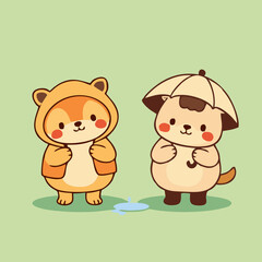 Fototapeta premium Minimalist Cartoon Animals in Rainy Weather Outfits