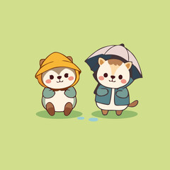 Minimalist Cartoon Animals in Rainy Weather Outfits