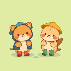 Minimalist Cartoon Animals in Rainy Weather Outfits