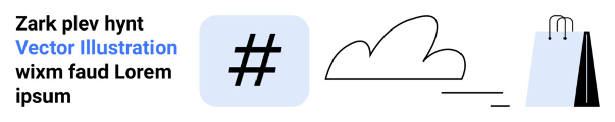 metadata tag in blue box, cloud outline, shopping bag with handle. Ideal for e-commerce, social media, connectivity, branding, marketing, digital trends simple landing page