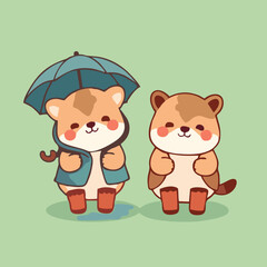 Minimalist Cartoon Animals in Rainy Weather Outfits