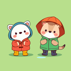 Minimalist Cartoon Animals in Rainy Weather Outfits
