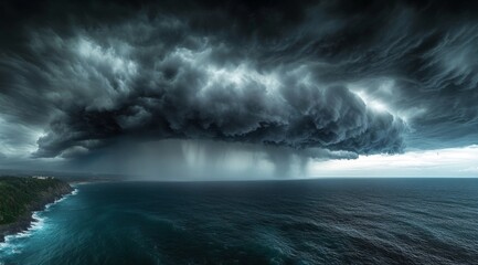 Fototapeta premium Dramatic Stormy Sky Over Ocean with Dark Clouds and Heavy Rainfall Approaching Coastal Landscape