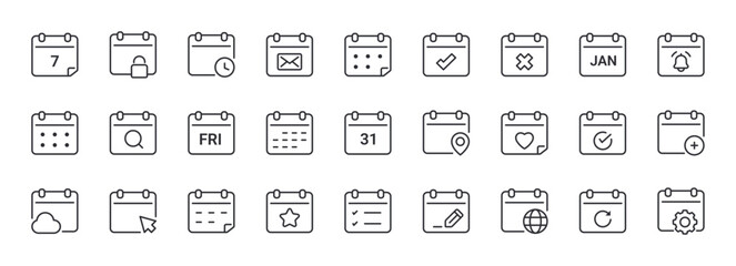 Set of Calendar Line Icons. Contain Icons as Date, Event, Agenda, Planner. Editable Stroke. Pixel Perfect.