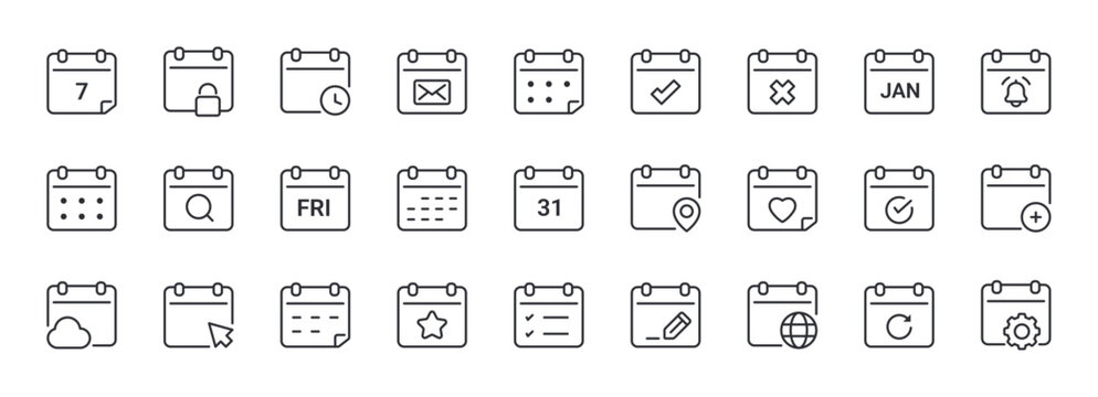 Set of Calendar Line Icons. Contain Icons as Date, Event, Agenda, Planner. Editable Stroke. Pixel Perfect.