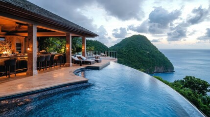 Luxurious Caribbean Resort Bar with Infinity Edge Pool View