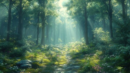 Fototapeta premium Enchanted Forest Path: Sunbeams Through the Trees