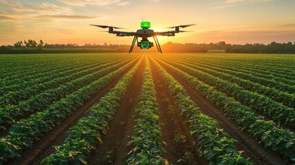 Drone Technology Transforming Agriculture with Stunning Sunset Over Rows of Healthy Green Crops in Vast Field