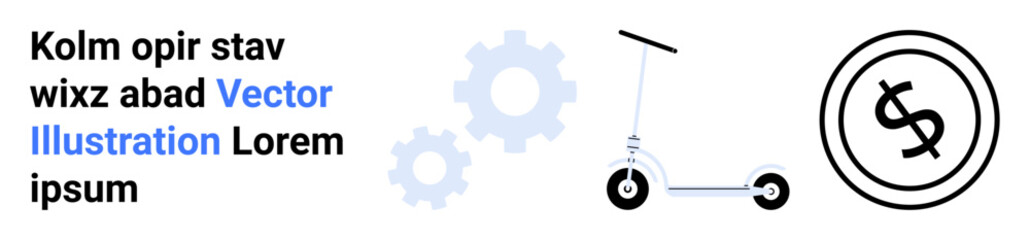 Electric scooter beside gears and a circle with a dollar design. Ideal for technology, innovation, transport, micromobility, economy, sustainability, start-ups. Abstract line flat metaphor