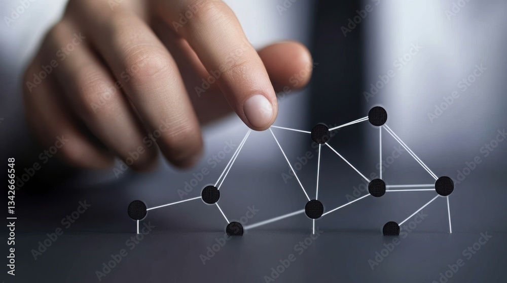Poster businessperson aligning digital nodes for networking connections
