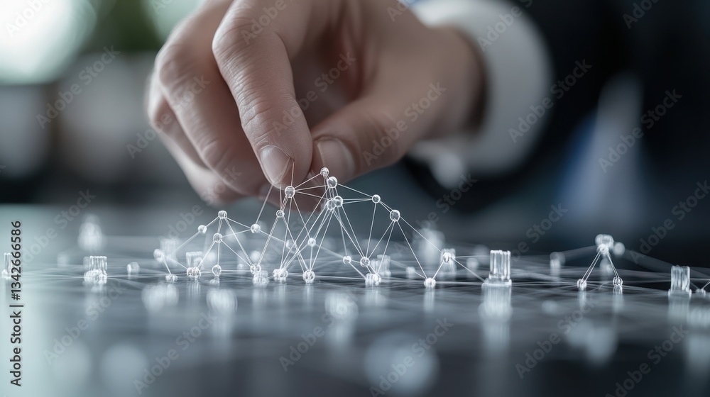Poster businesspersons aligning digital nodes in a collaborative environment