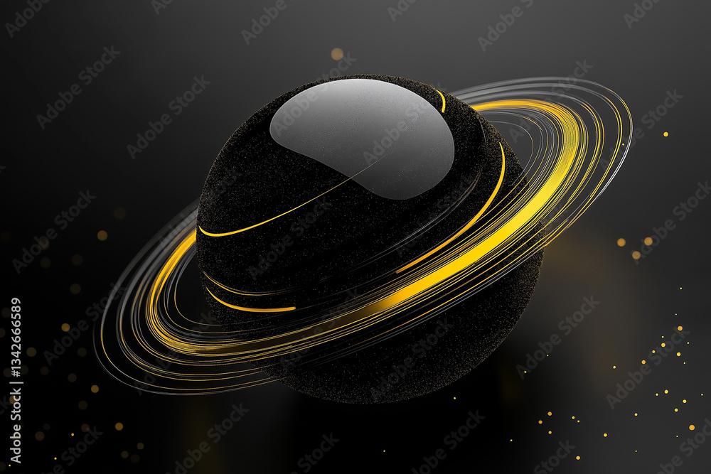 Poster black planet with golden rings rotating in space