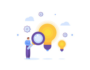 concept of seeking inspiration. finding and searching for a creative idea, solution, innovation. research and exploration. illustration of a man using a magnifying glass with a lamp. flat style design