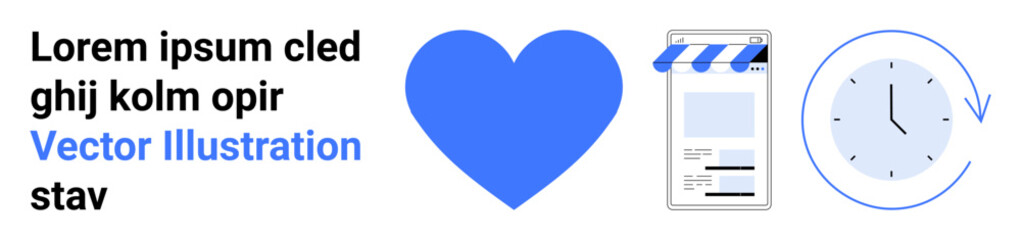 Blue heart symbolizing care, mobile app storefront representing e-commerce, clock with arrow for scheduling or time management. Ideal for business, e-commerce, technology, time, connection, customer
