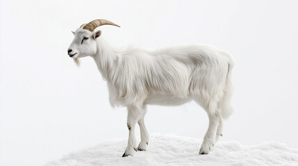 Obraz premium White goat standing on snow against white background