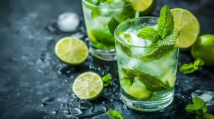Fototapeta premium A refreshing mojito cocktail with lime and mint on a dark background. 