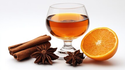 A rich amber liquid, infused with the essence of cinnamon and nutmeg, garnished with a delicate orange peel, promising warmth and comfort in every sip.