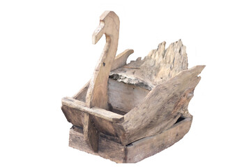 A rustic swan-shaped planter crafted from weathered wood, isolated against a transparent background. Represents natural decor, handcrafted items, and the beauty of aged materials.