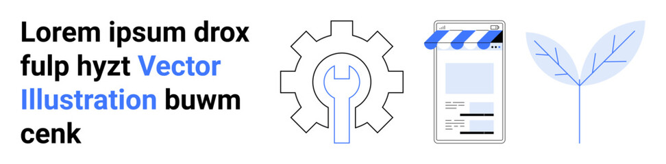 Gear with wrench symbolizing innovation, mobile storefront for e-commerce, and emerging leaf for eco-awareness. Ideal for business strategy, technology, e-commerce, sustainability, innovation
